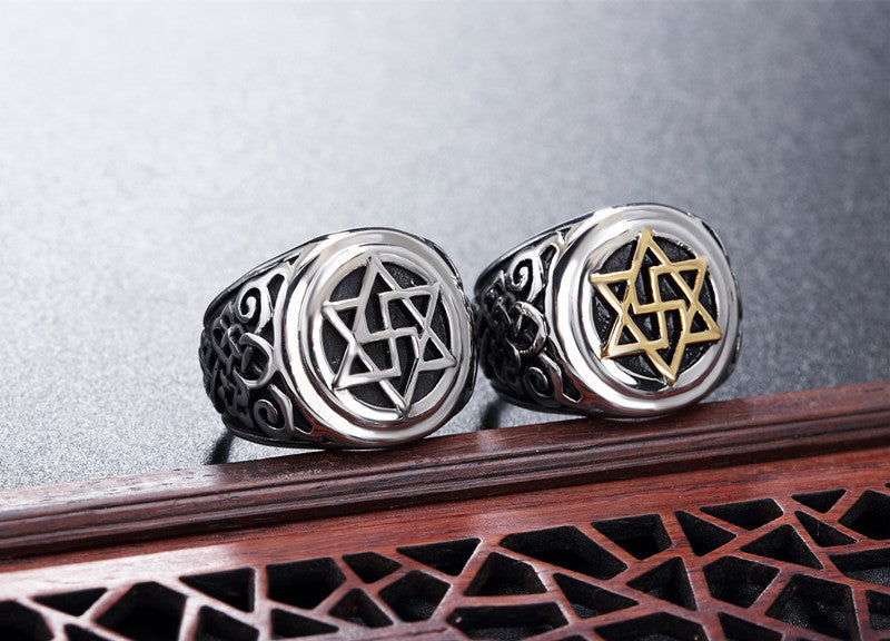 Fashion Judaism Six Pointed Star Auspicious Titanium Steel Ring for Men