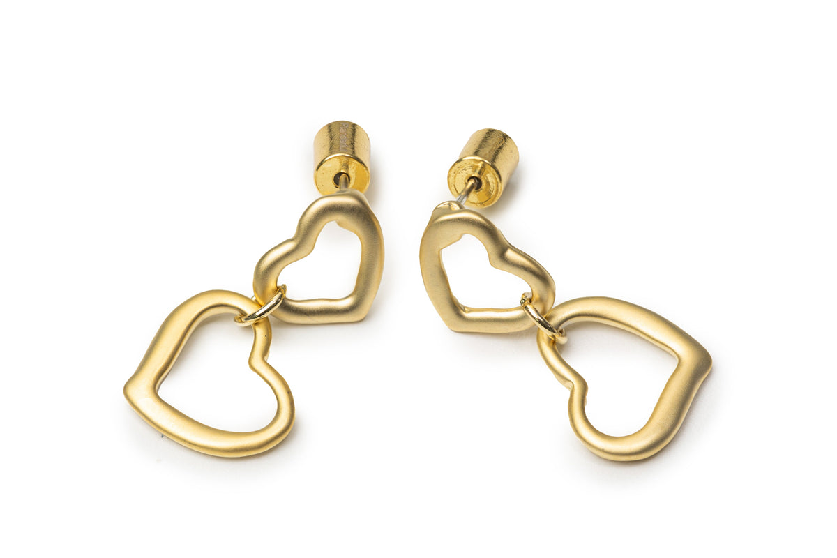 Golden Double Heart Drop Earrings