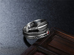 Personalized Retro Feather Red Zircon Titanium Steel Rings for Men and Women