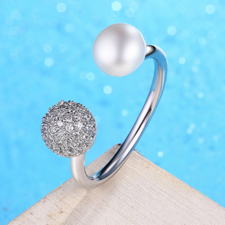 Round Pearl Zircon Ball Opening Sterling Silver Ring