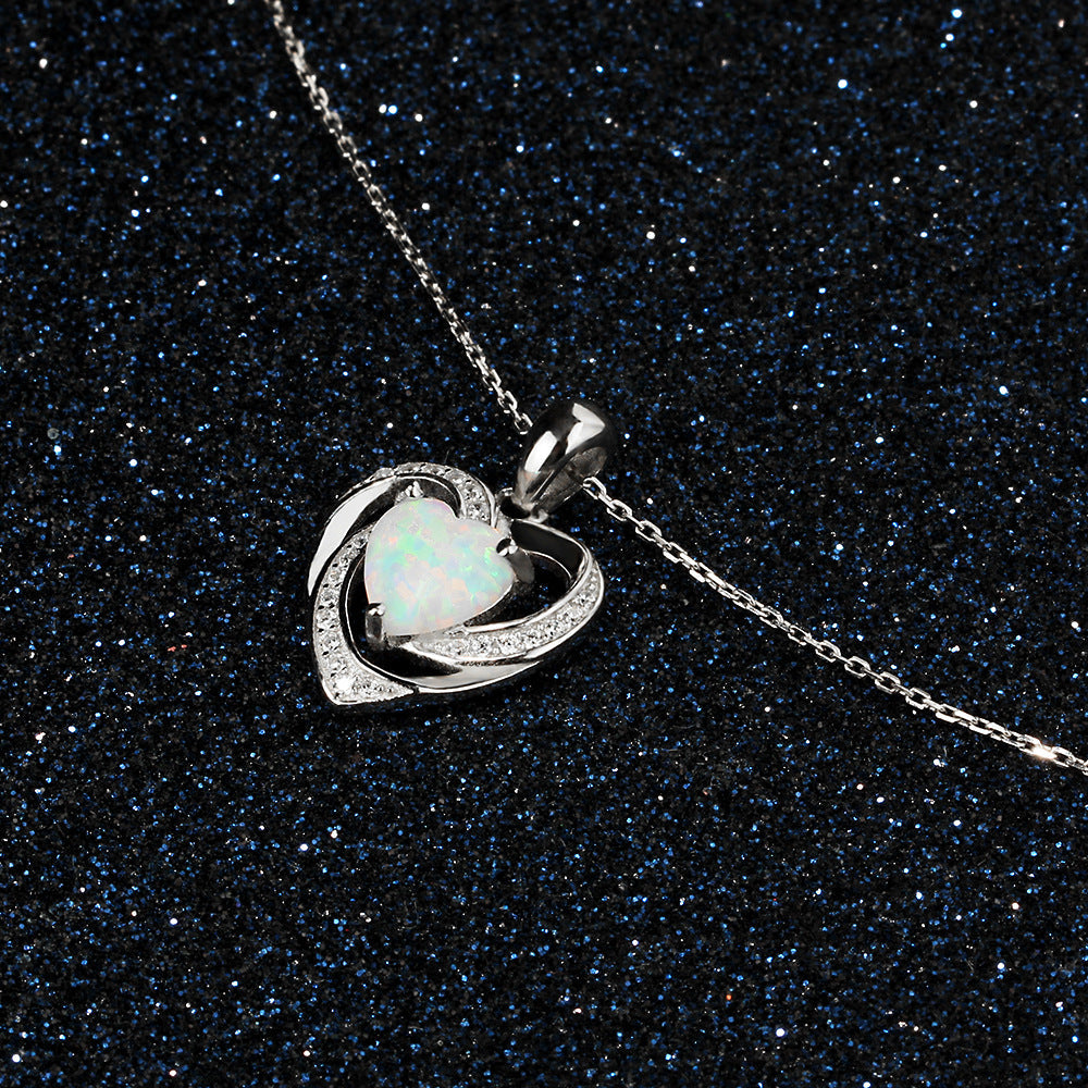 Heart Shape Opal Spiral Heart Zircon Sterling Silver Necklace