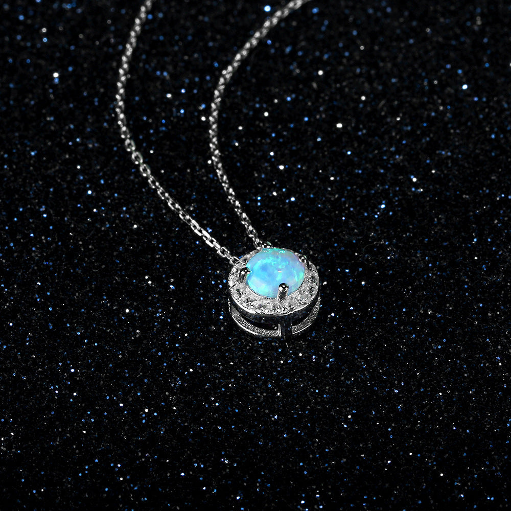 Round Blue Opal Zircon Soleste Halo Sterling Silver Necklace