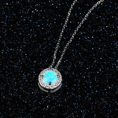 Round Blue Opal Zircon Soleste Halo Sterling Silver Necklace