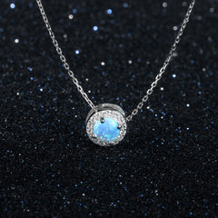 Round Blue Opal Zircon Soleste Halo Sterling Silver Necklace