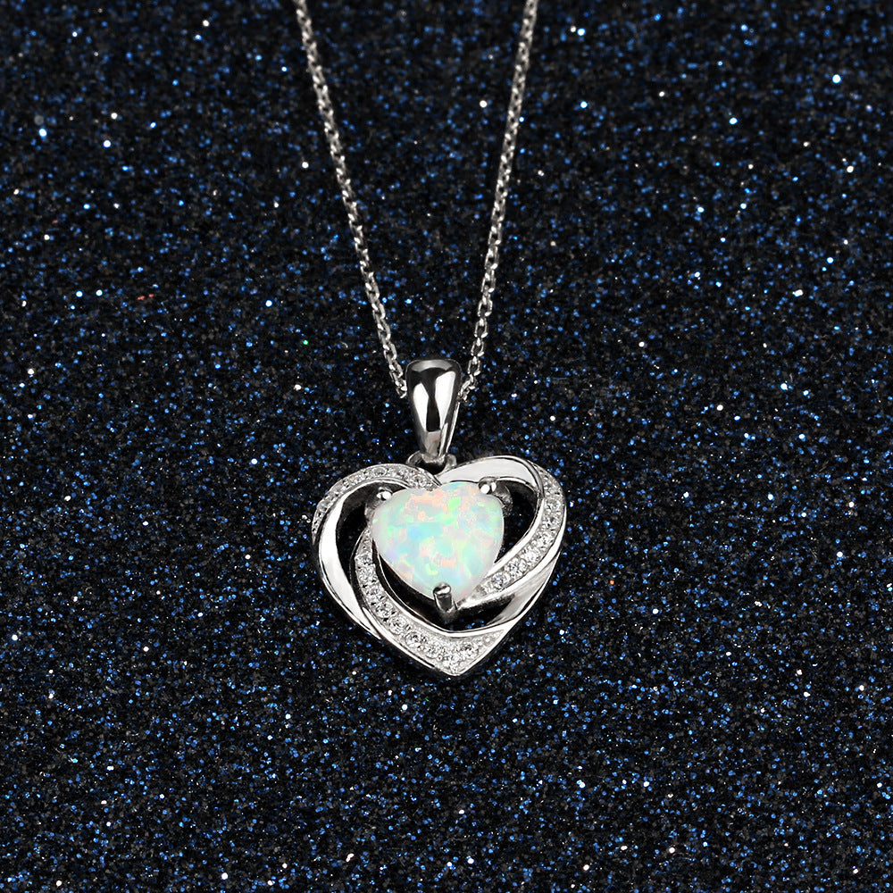 Heart Shape Opal Spiral Heart Zircon Sterling Silver Necklace