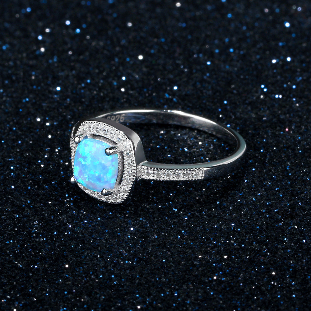 Cushion Cut Blue Opal Soleste Halo Zircon Sterling Silver Ring