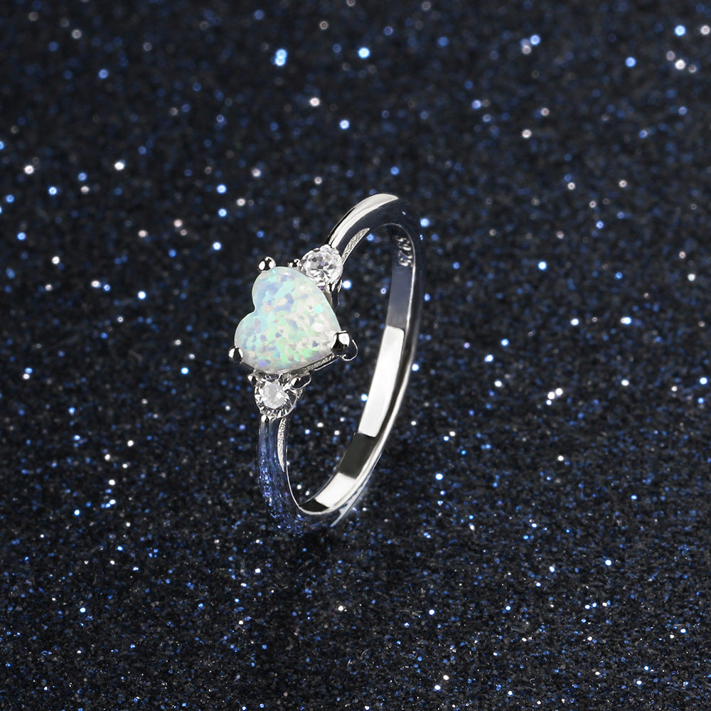 Heart Shape Opal with Two Small Zircon Sterling Silver Ring