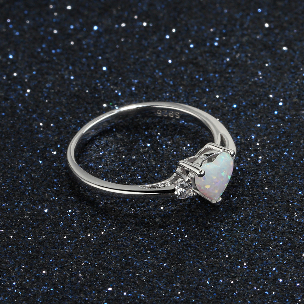 Heart Shape Opal with Two Small Zircon Sterling Silver Ring