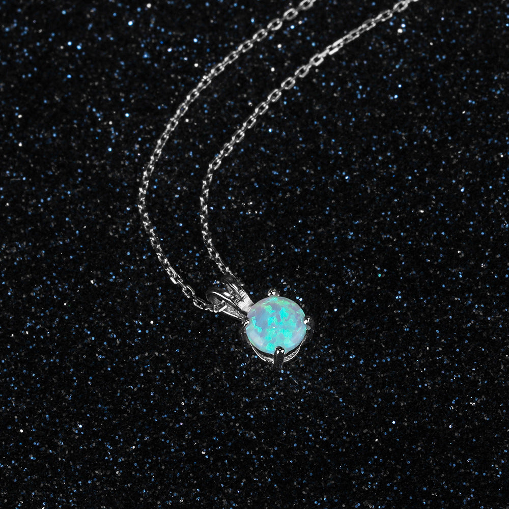 Round Blue Opal Sterling Silver Necklace