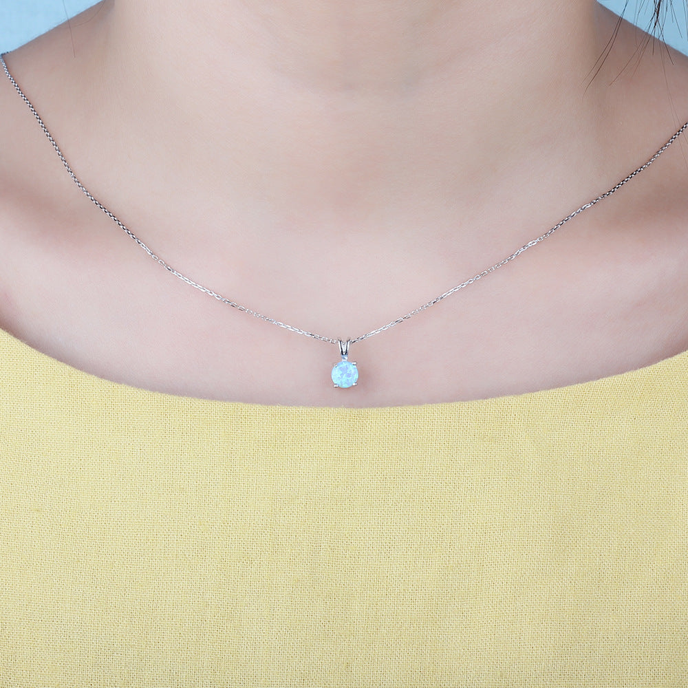 Round Blue Opal Sterling Silver Necklace