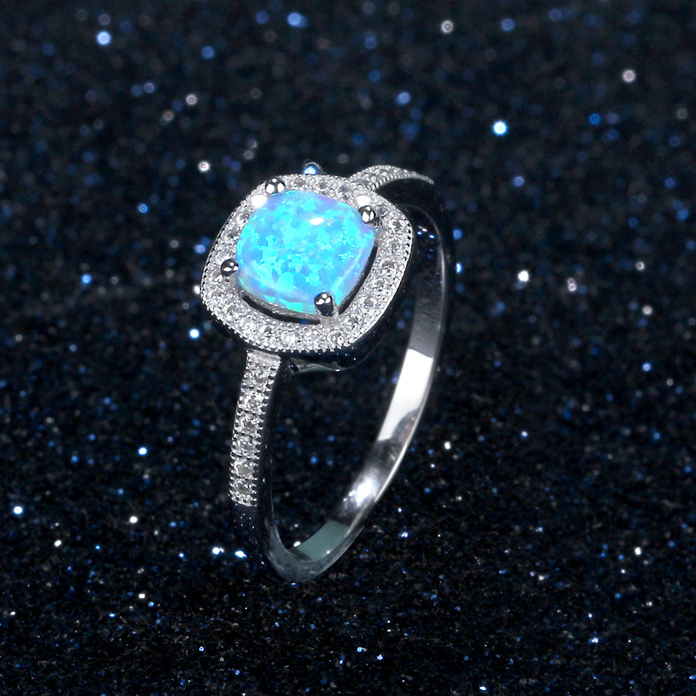 Cushion Cut Blue Opal Soleste Halo Zircon Sterling Silver Ring