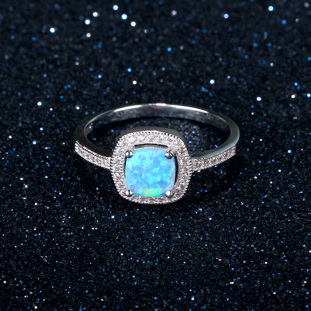 Cushion Cut Blue Opal Soleste Halo Zircon Sterling Silver Ring