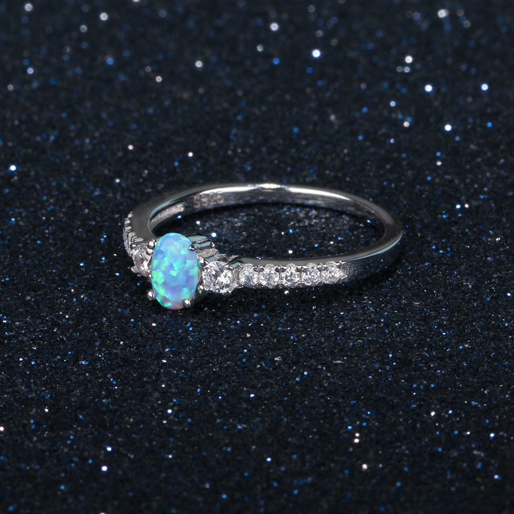 Cathedral Oval Blue Opal with Small Zircon Sterling Silver Ring