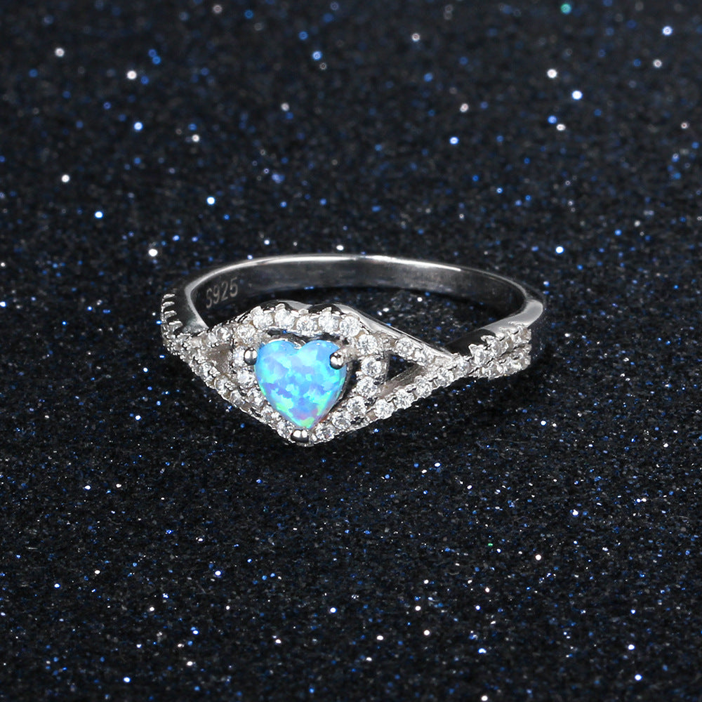 Heart Shape Blue Opal Zircon Halo Interwoven Split Shank Sterling Silver Ring