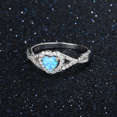 Heart Shape Blue Opal Zircon Halo Interwoven Split Shank Sterling Silver Ring