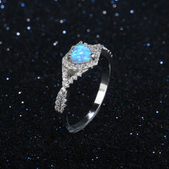 Heart Shape Blue Opal Zircon Halo Interwoven Split Shank Sterling Silver Ring