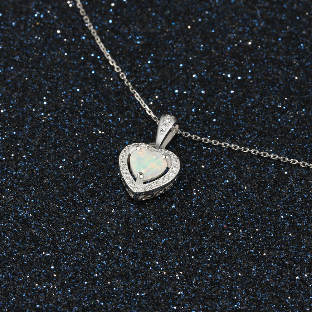 Heart Shape Opal Zircon Soleste Halo Sterling Silver Necklace