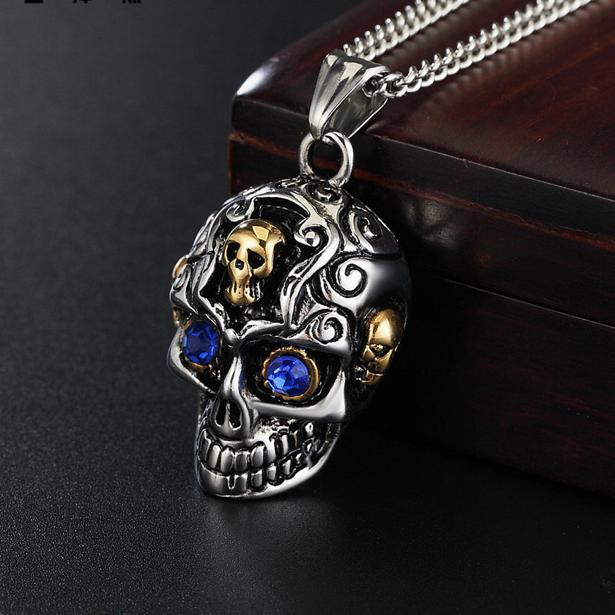 Halloween Blue Zircon Carved Skull Titanium Steel Necklace for Men