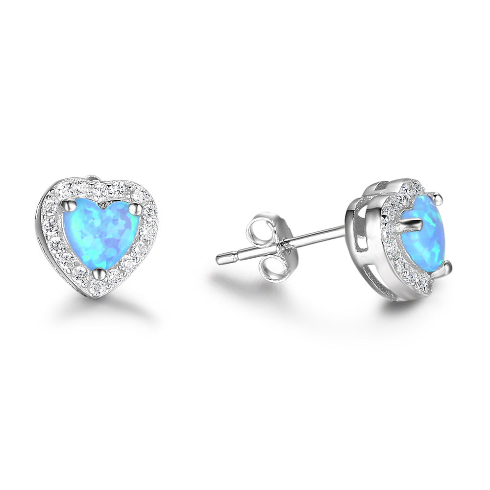 Blue Heart Shape Opal Zircon Soleste Halo Sterling Silver Stud Earrings