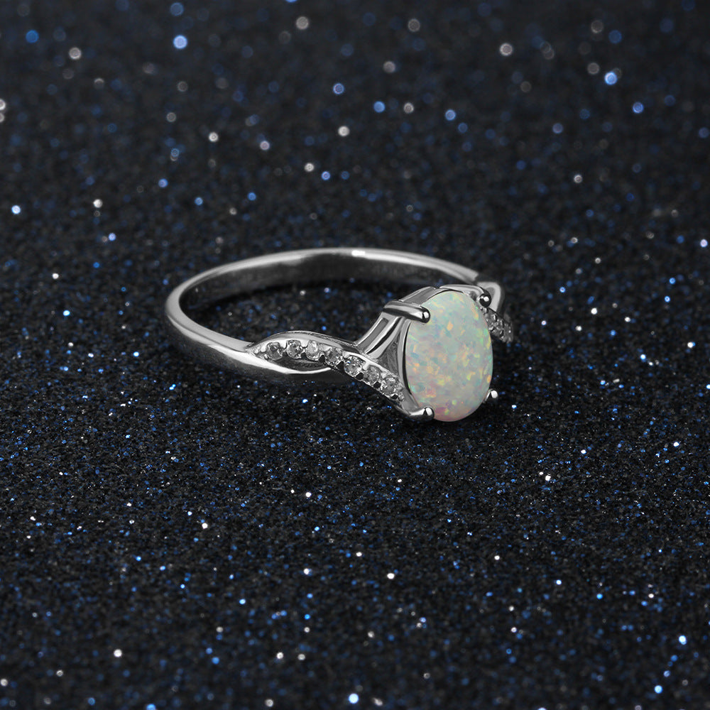 Oval Opal Interwoven Split Shank Zircon Sterling Silver Ring