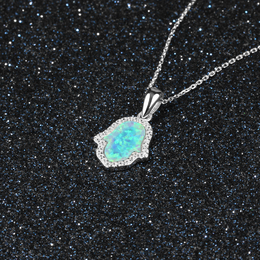 Blue Opal Palm Zircon Soleste Halo Sterling Silver Necklace