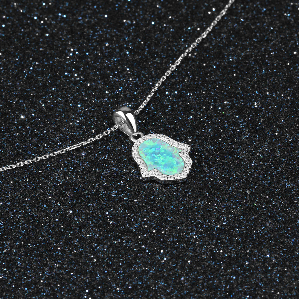 Blue Opal Palm Zircon Soleste Halo Sterling Silver Necklace