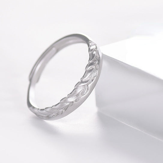 Wheat Ears Leaf Sandblasted Texture Silver Couple Ring