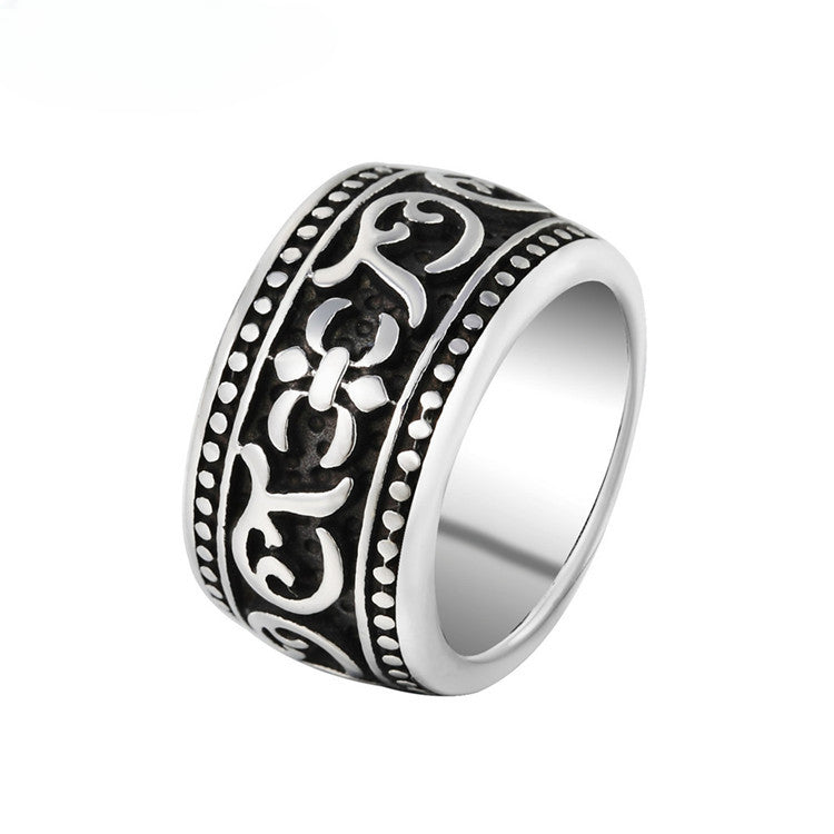 Children Flower Gothic Text Wide Titanium Steel Ring for Men