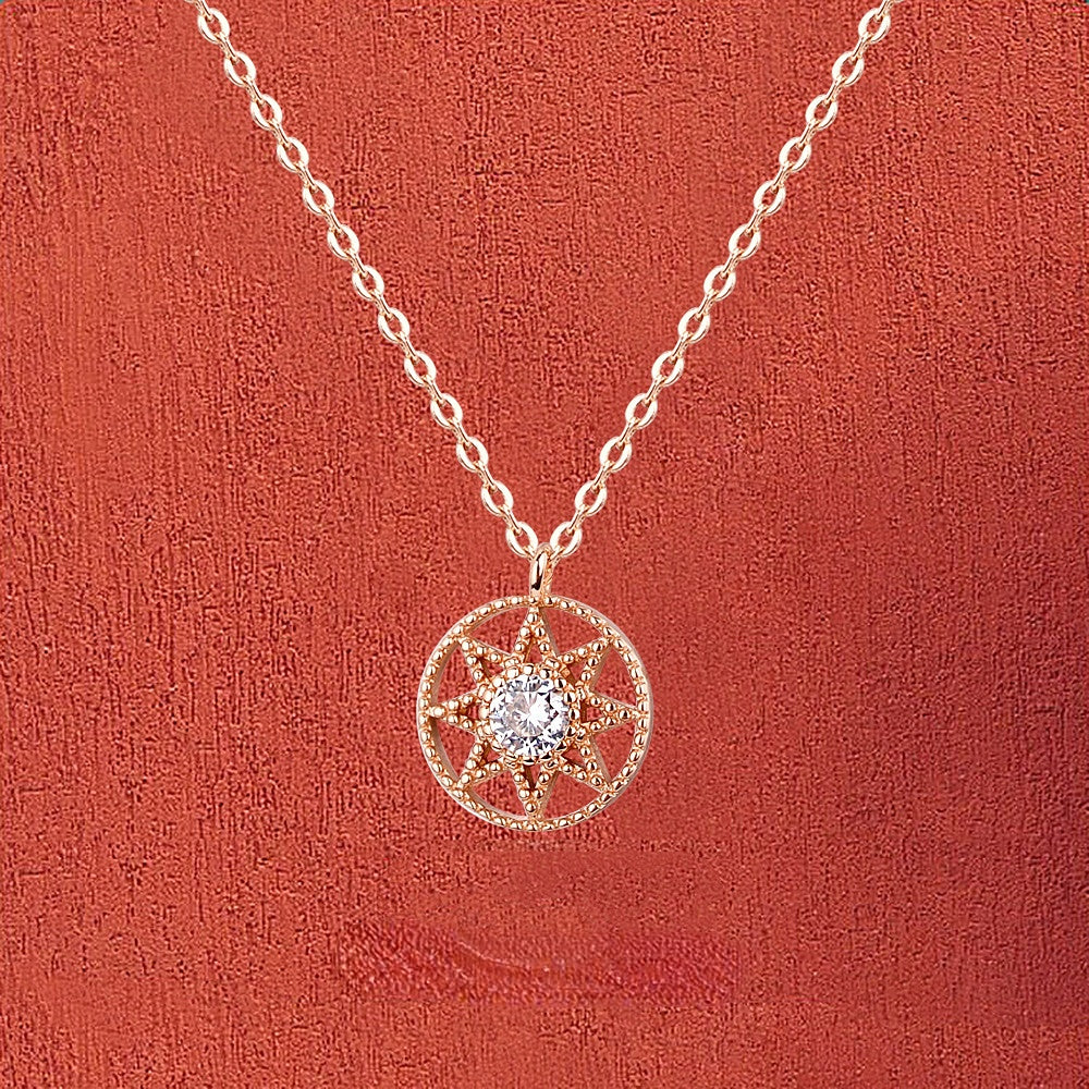 Sun with Round Zircon Circle Pendant Silver Necklace for Women