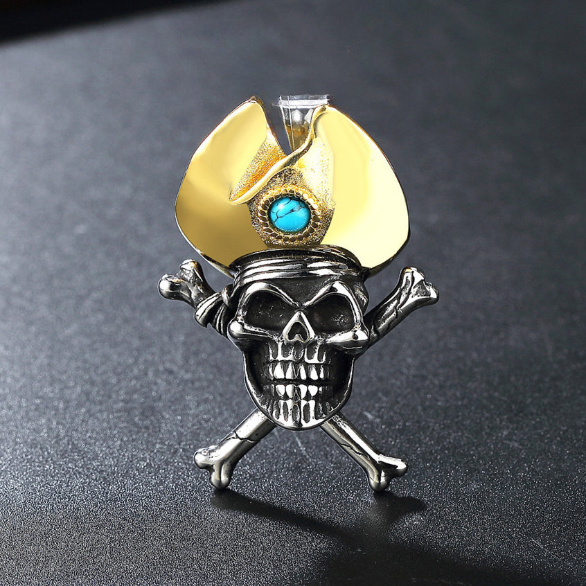 Halloween Golden Pirate Hat Skull Titanium Steel Pendant for Men