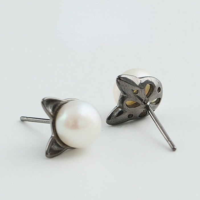 Pearl Little Cat Silver Stud Earrings for Women