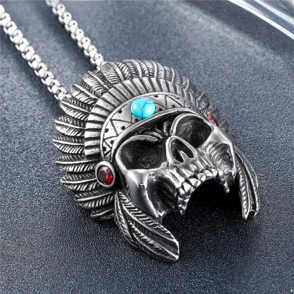 Halloween American Indian Skull Fighter Titanium Steel Necklace for Men