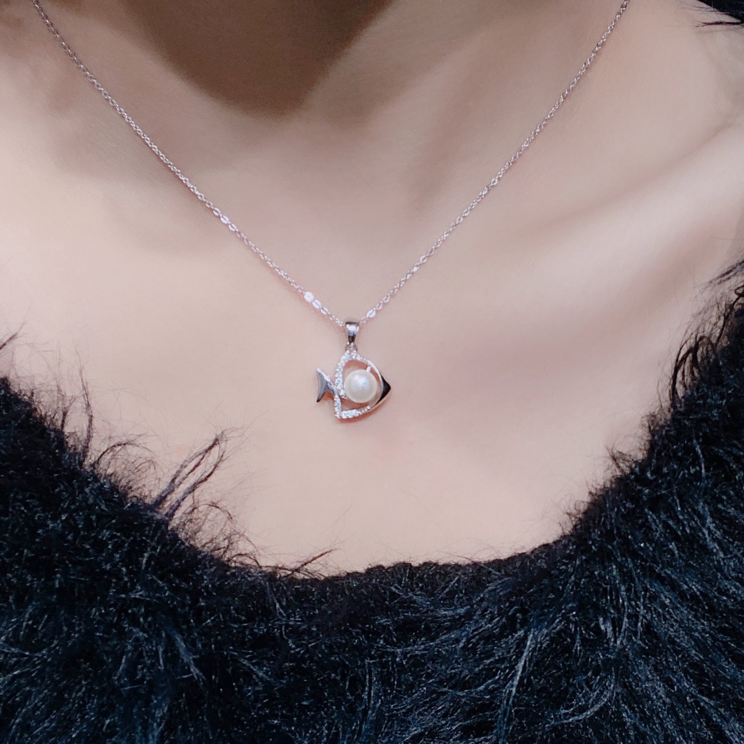 Zircon Fish with Pearl Pendant Silver Necklace for Women