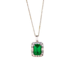 Halo 10 Carat Rectangle Synthetic Emerald Silver Necklace