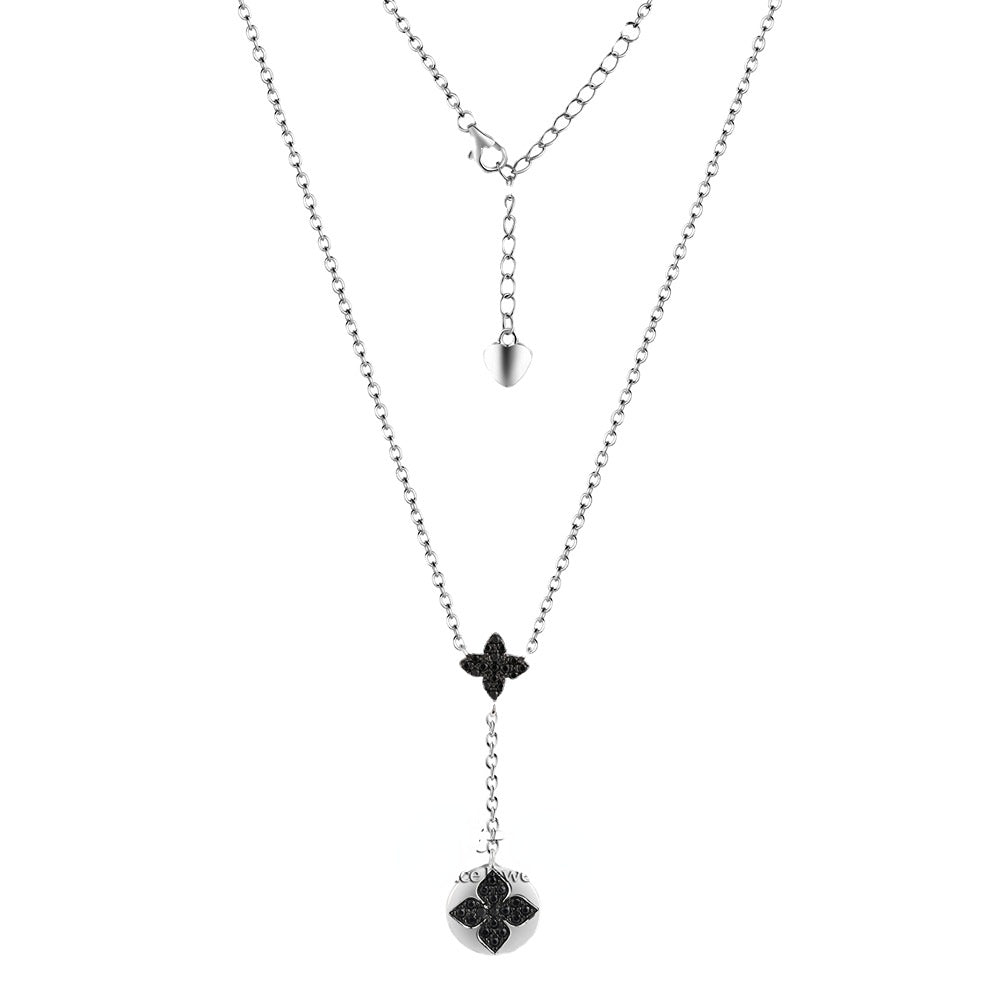 Black Zircon Four-leaf Clover Silver Necklace for Women