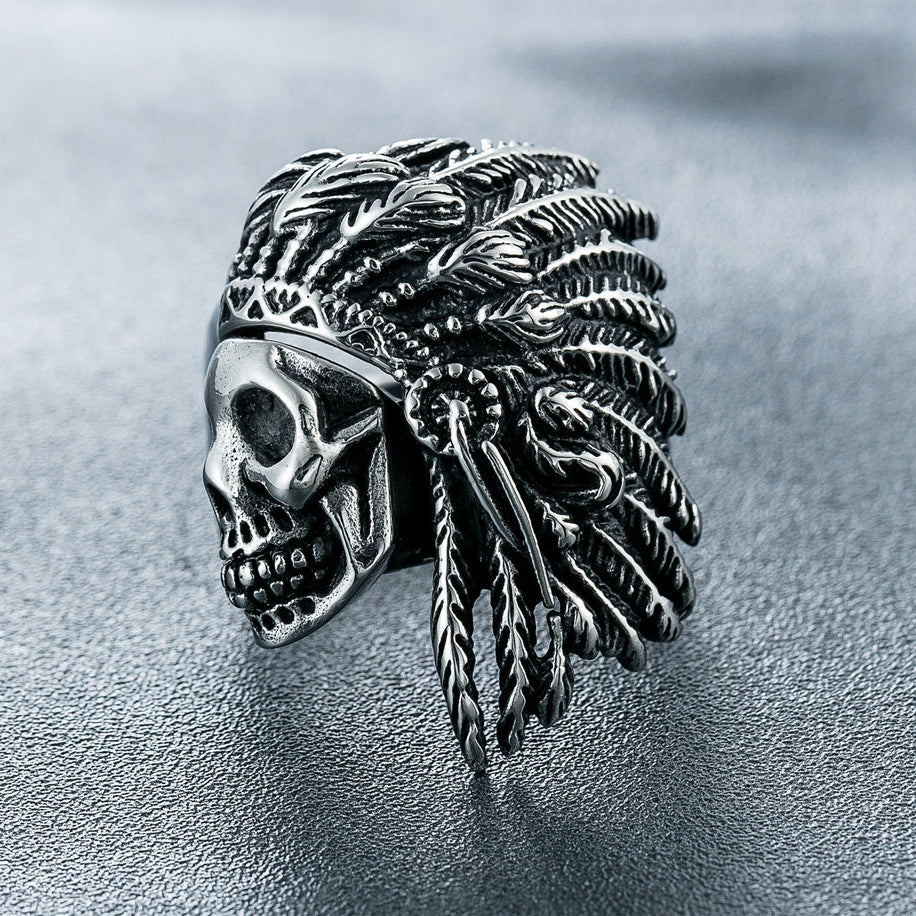 Halloween Indian Skull Warrior Titanium Steel Ring for Men