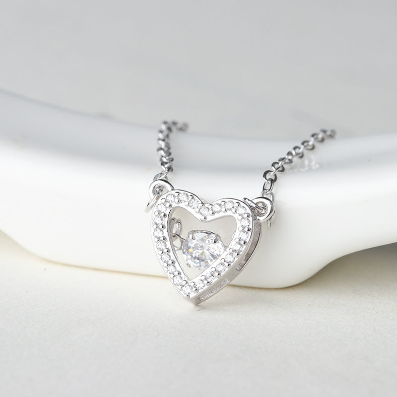 Round Zricon Heart-shape Pendant Silver Necklace for Women