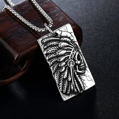 Halloween American Indian Skull Rectangle Titanium Steel Necklace for Men