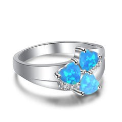 Three Heart Shape Blue Opal Sterling Silver Ring