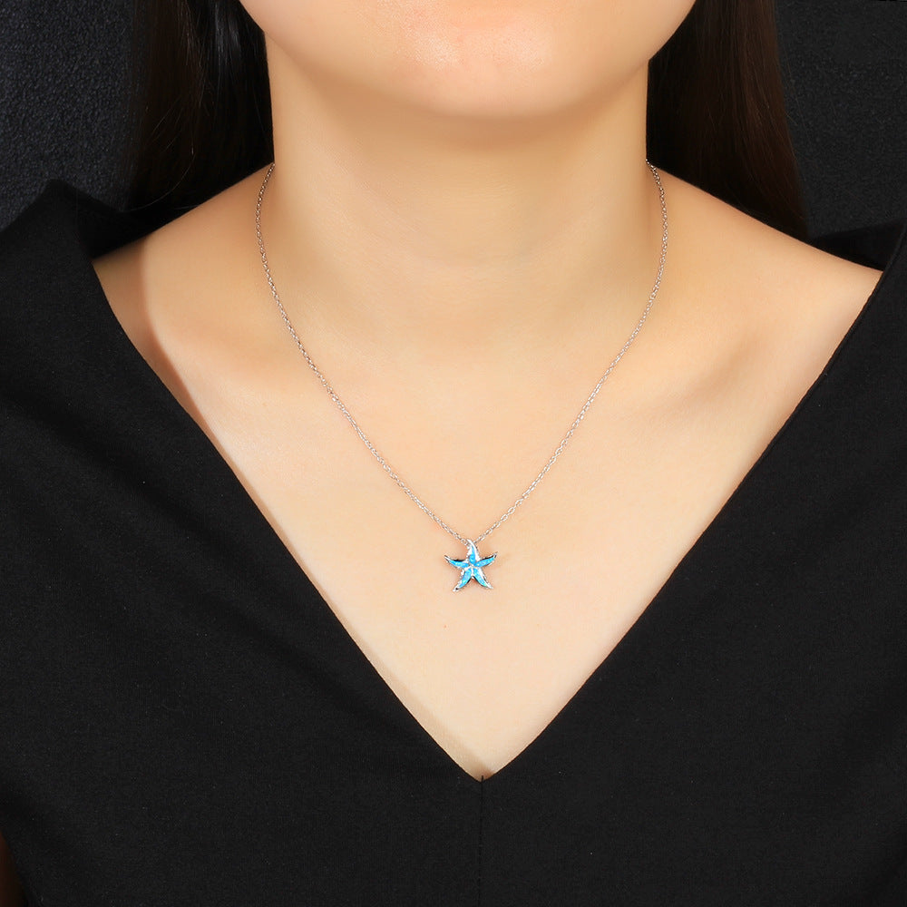 Blue Opal Serrated Starfish Sterling Silver Necklace