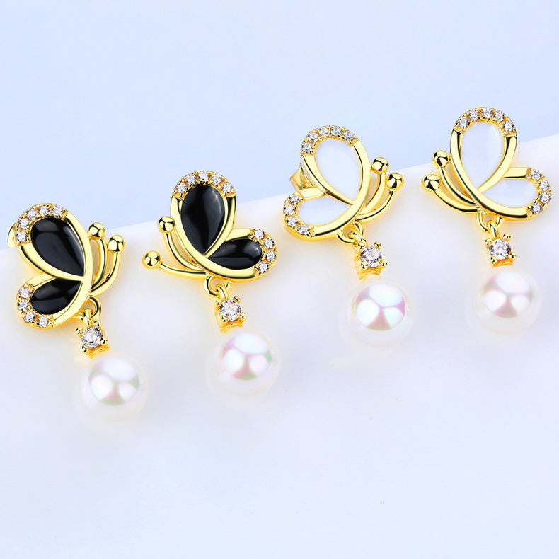 Butterfly Zircon Round Pearl Pendant Golden Sterling Silver Drop Earrings