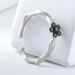 Black Plum Blossom and Leaf Design Sandblasted Wave Shape Silver Couple Ring for Women