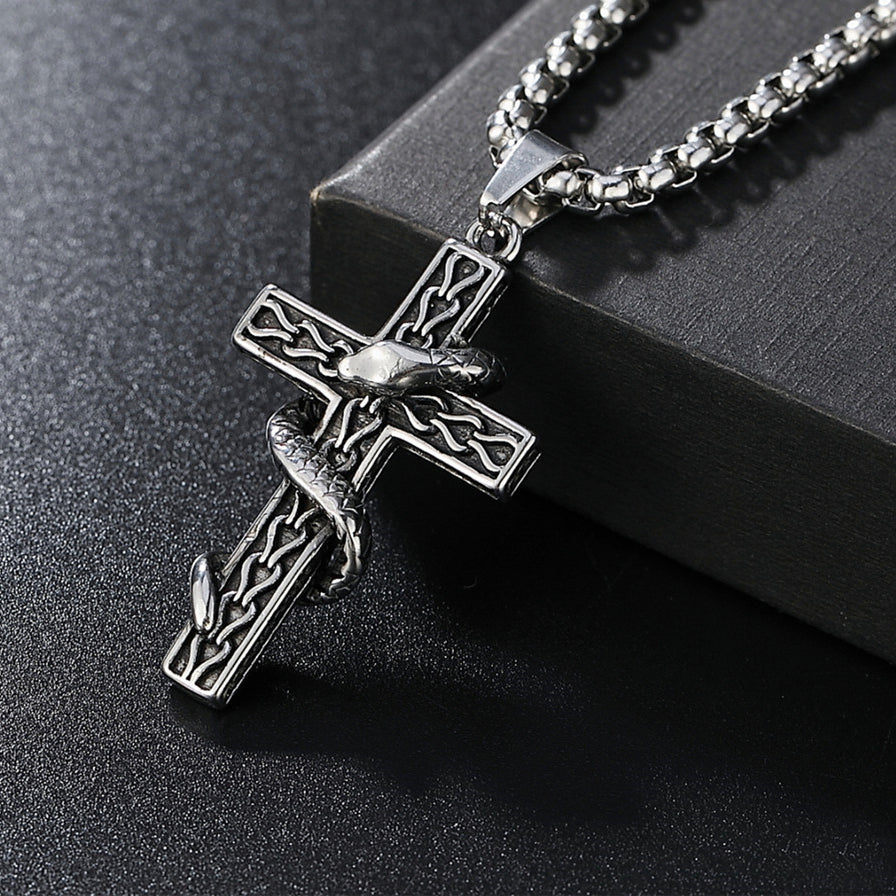 Snake Entwining Latin Cross Titanium Steel Pendant for Men