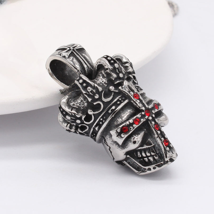 Halloween Red Zircon Cross Crown Skull Titanium Steel Pendant for Men