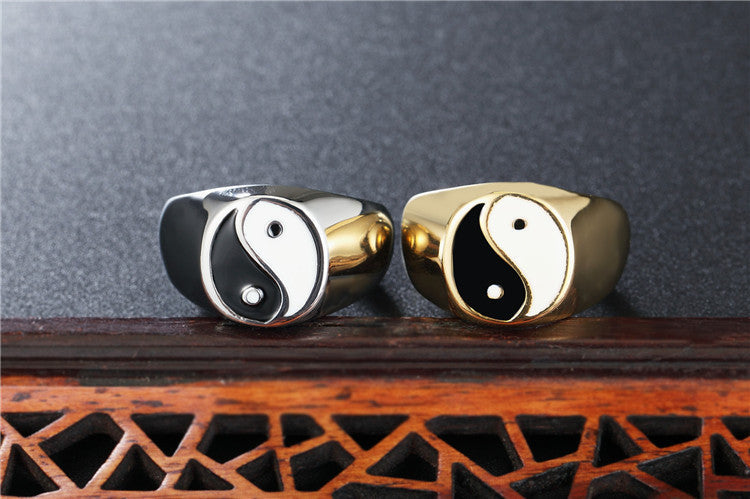Yin Yang Bagua Black and White Men's Titanium Steel Ring