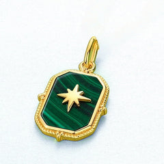 Geometric Rectangular Octagon Malachite Star Sterling Silver Pendant