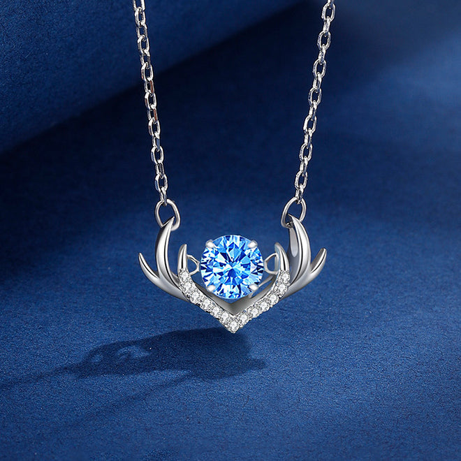 Blue Zircon Deer Pendant Silver Necklace for Women