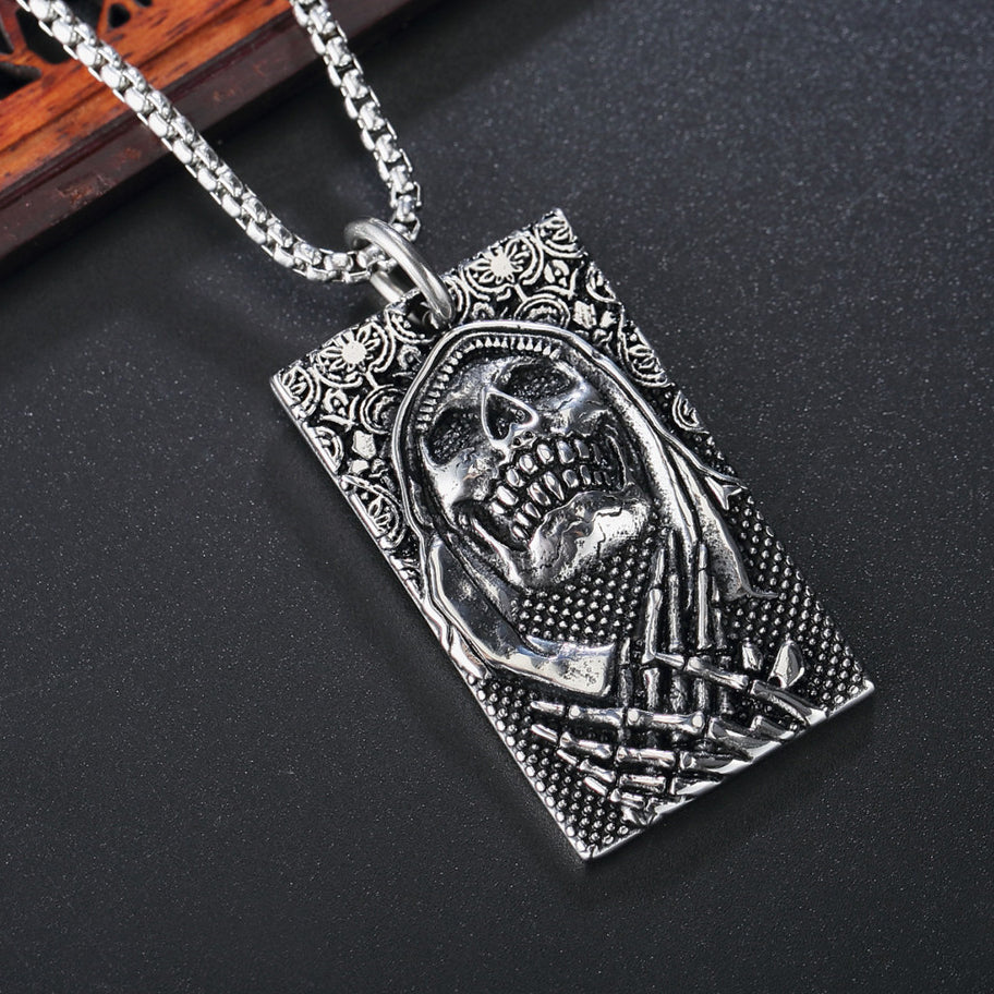 Halloween Pray Skeleton Rectangle Titanium Steel Necklace for Men