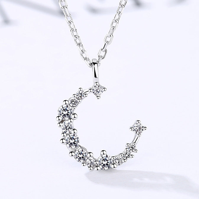 Irregular Full Zircon Moon Pendant Silver Necklace for Women