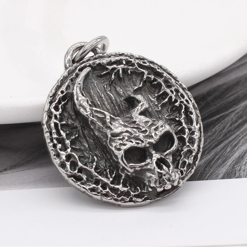 Halloween Horned Skull Round Disk Titanium Steel Pendant for Men